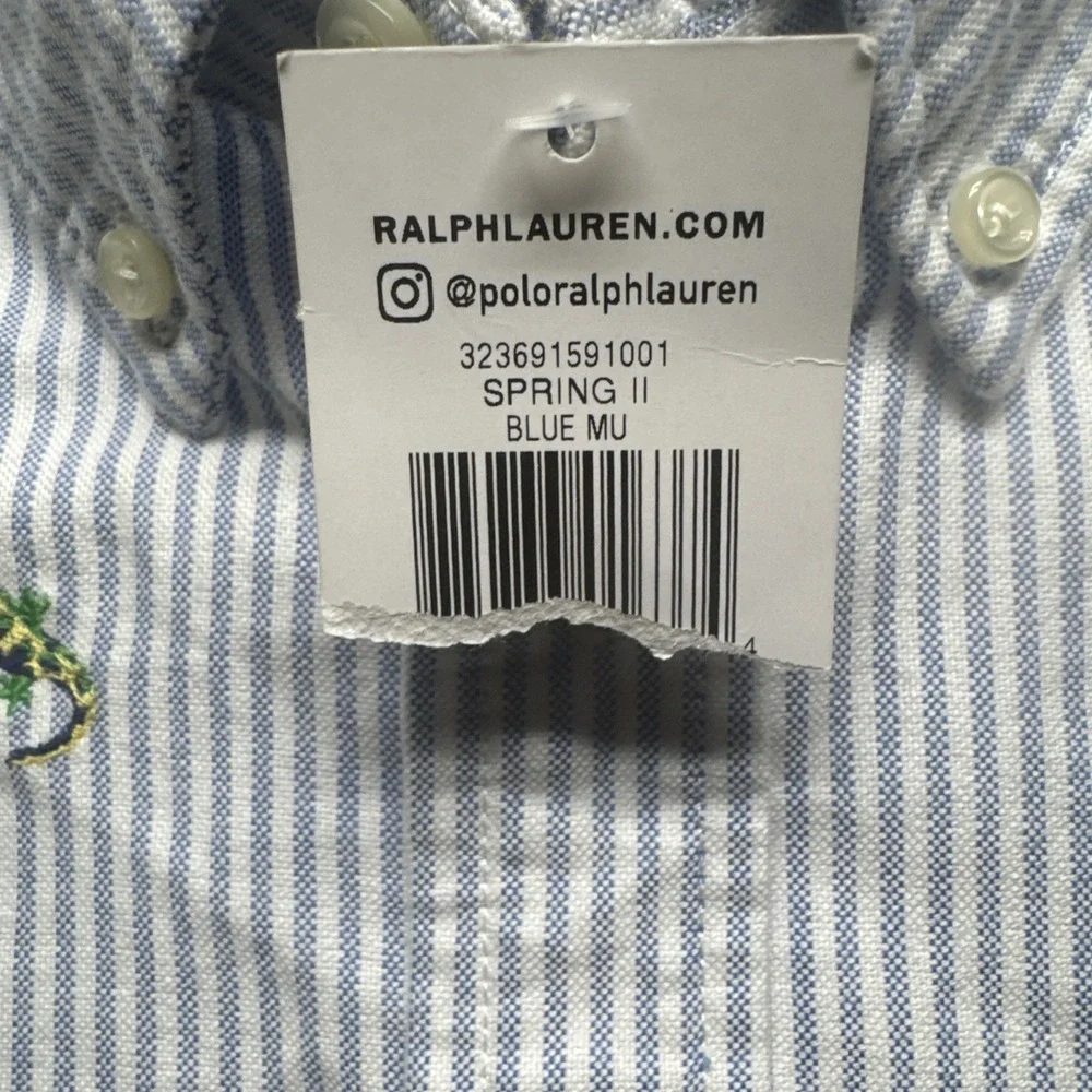 Ralph Lauren Youth Shirt L 14-16 Button Down Blue White Stripe Gecko Embroidered